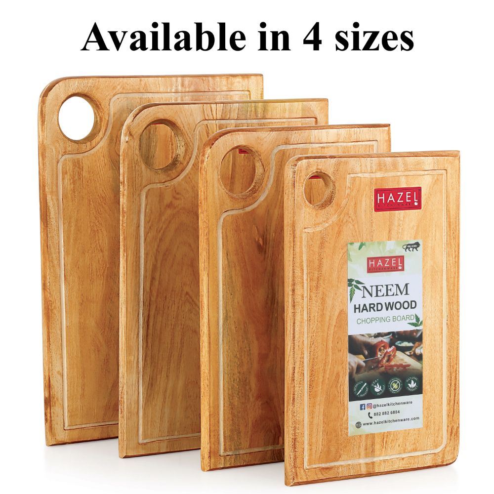 HAZEL Vegetable Chopping Board Made From Neem Wood |Chopping Board Wooden For Kitchen| Reactangle Shape Thick Wooden Cutting Board, 38.5 x 25.5 cm