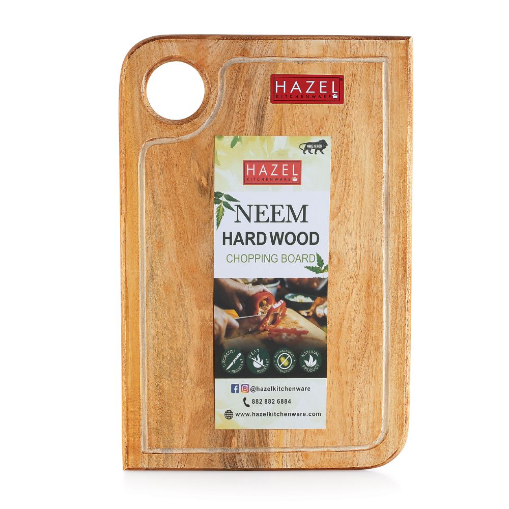 HAZEL Chopping Board Wooden For Kitchen | Neem Wood Vegetable Chopping Board | Reactangle Shape Thick Wooden Cutting Board, 36 x 23.3 cm