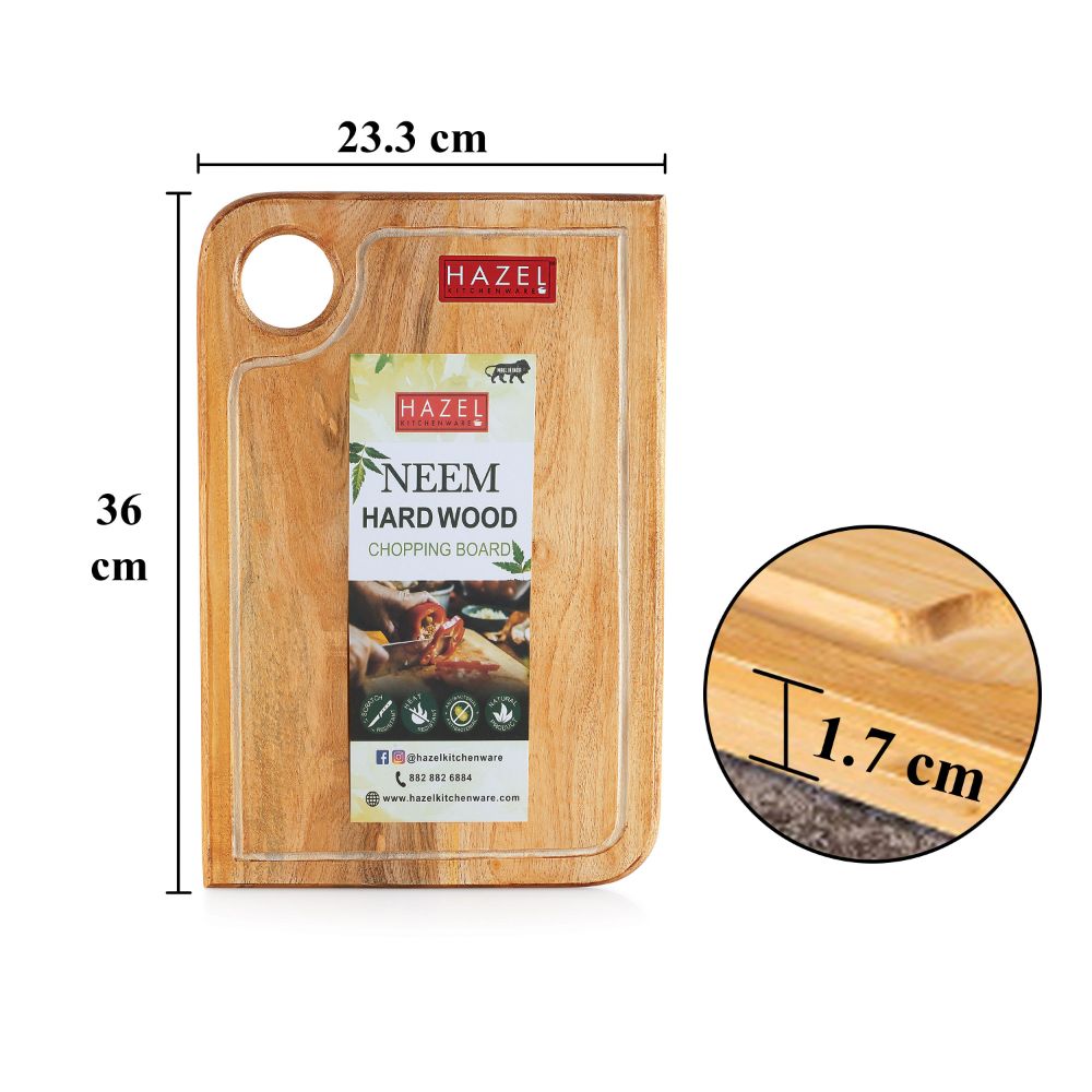 HAZEL Chopping Board Wooden For Kitchen | Neem Wood Vegetable Chopping Board | Reactangle Shape Thick Wooden Cutting Board, 36 x 23.3 cm