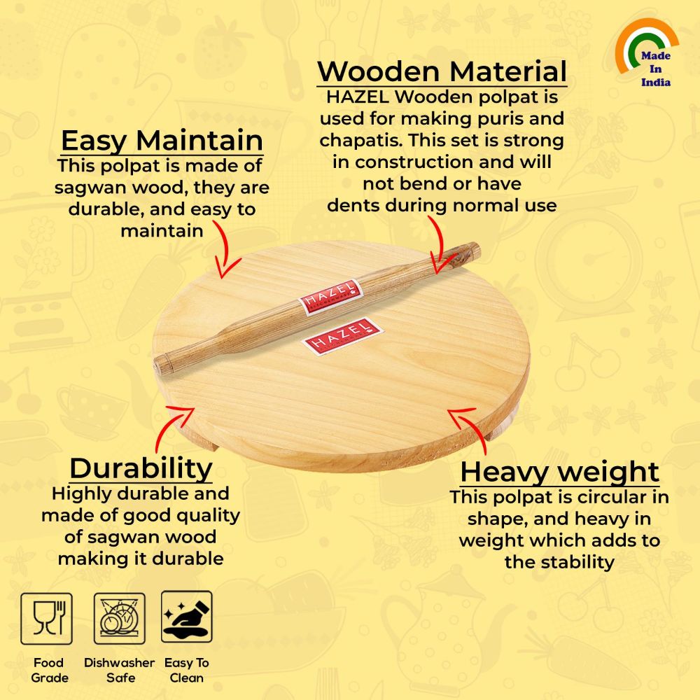 HAZEL Wooden Chakla Belan Combo | Wooden Polpat Roti Roller Combo Large, 24 Cm, Brown, 2 Pc
