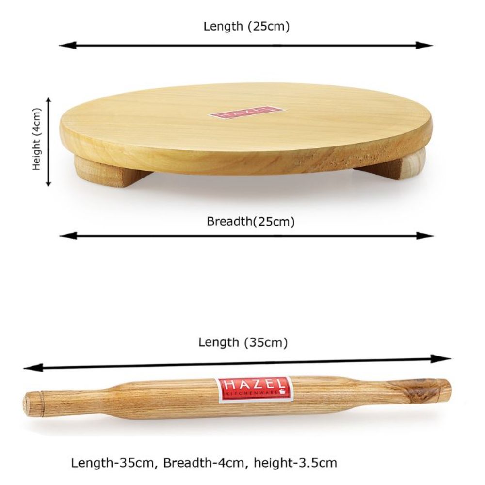 HAZEL Wooden Chakla Belan Combo | Wooden Polpat Roti Roller Combo Large, 24 Cm, Brown, 2 Pc