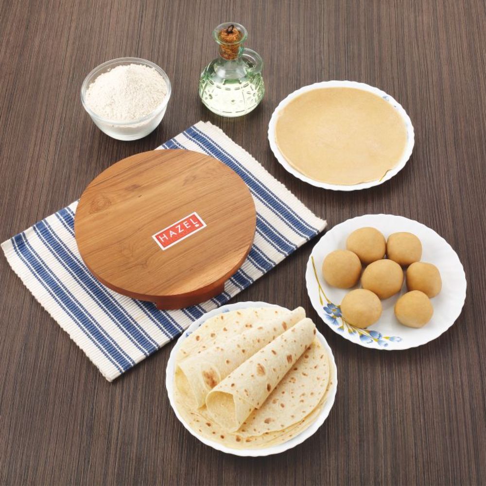 HAZEL Wooden Polpat Roti Roller Combo Large, 24cm, Sagwan, Brown, 2 Pc Set