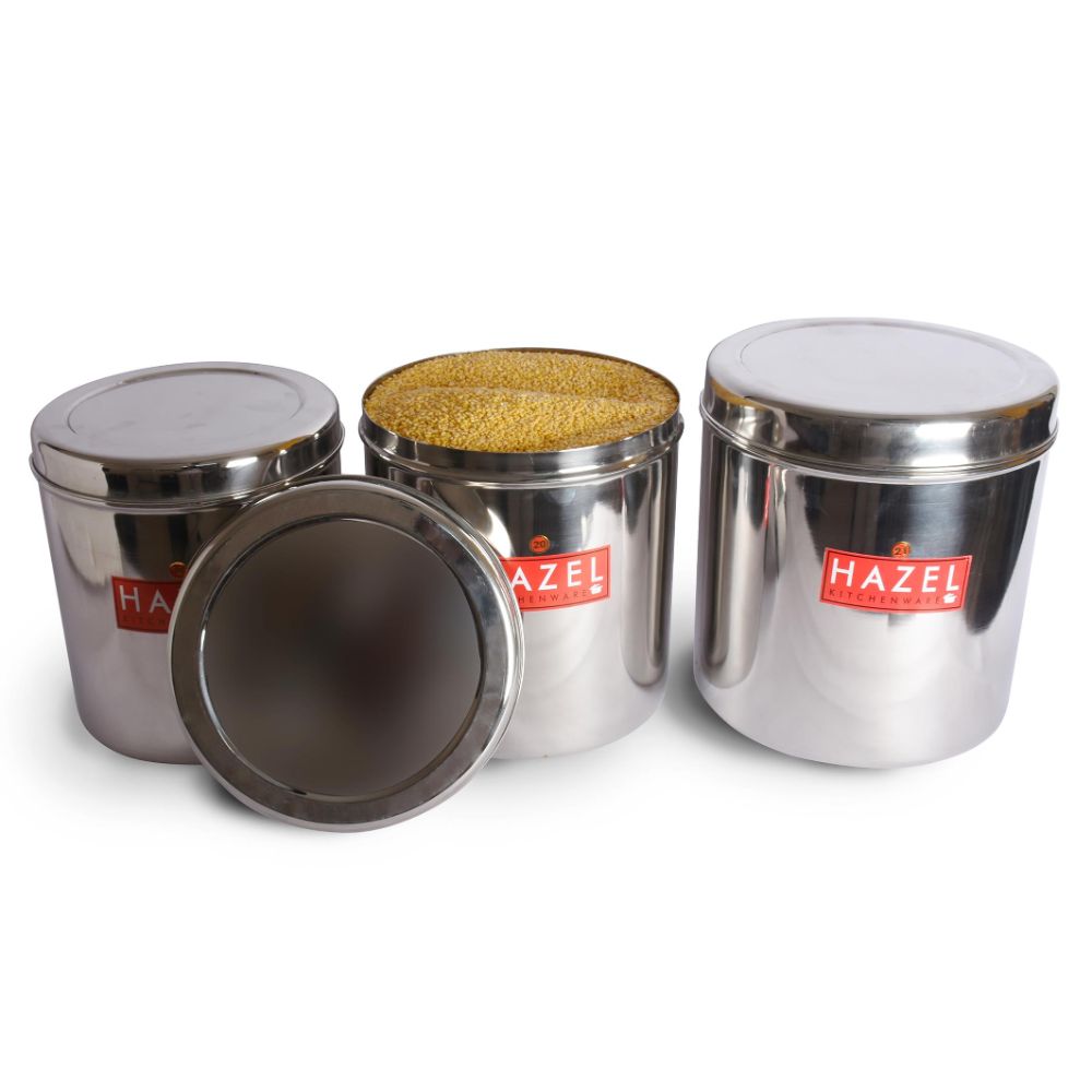 HAZEL Alfa Premium Heavy Gauge Stainless Steel Grocery Storage Containers Set of 3 Pc (8 ltr, 9.5 ltr, 11 ltr), Silver
