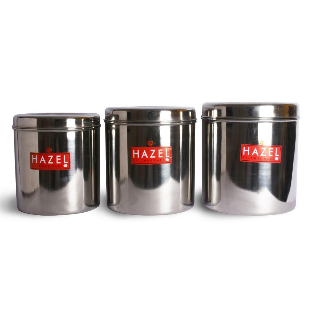 HAZEL Alfa Premium Heavy Gauge Stainless Steel Grocery Storage Containers Set of 3 Pc (8 ltr, 9.5 ltr, 11 ltr), Silver