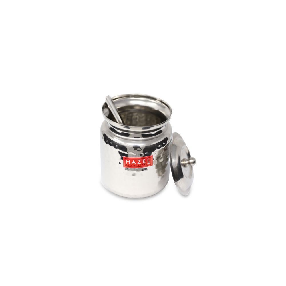 HAZEL Stainless Steel Hammered Oil & Ghee Container with Lid | Ghee Dispenser with Spoon