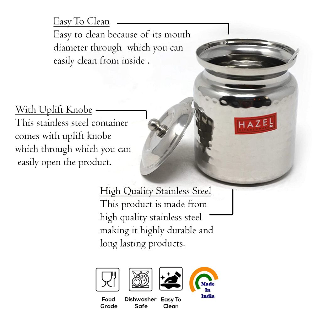 HAZEL Stainless Steel Hammered Oil & Ghee Container with Lid | Ghee Dispenser with Spoon