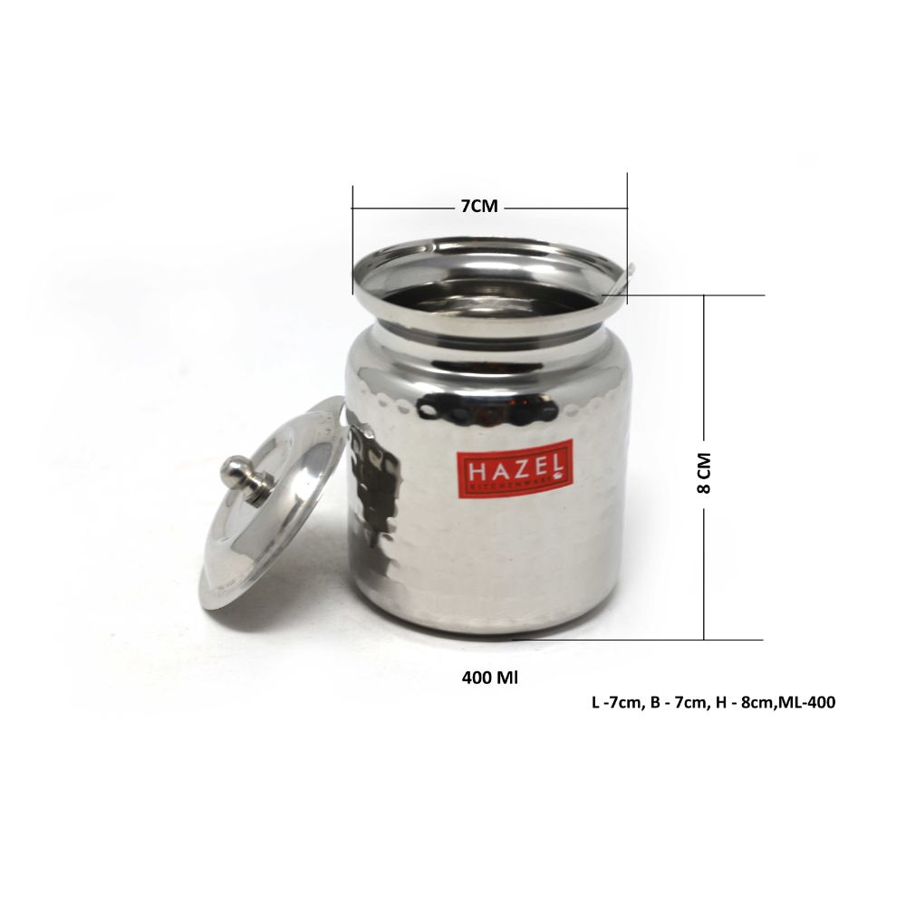 HAZEL Stainless Steel Hammered Oil & Ghee Container with Lid | Ghee Dispenser with Spoon