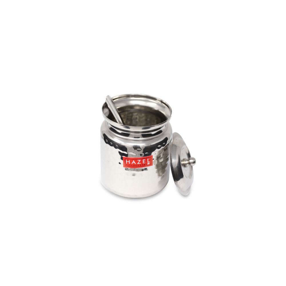 HAZEL Stainless Steel Hammered Oil Dispenser with Lid | Oil Ghee Dani with Spoon, 600 ml