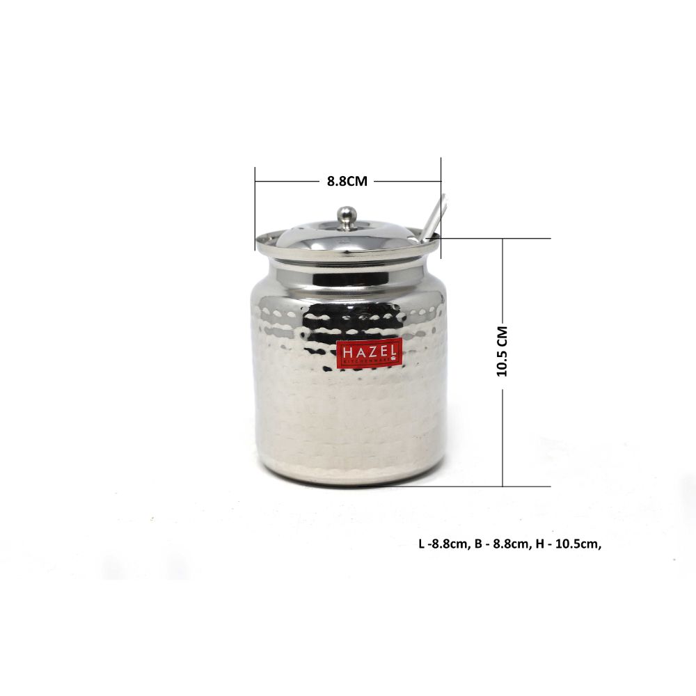 HAZEL Stainless Steel Hammered Oil Dispenser with Lid | Oil Ghee Dani with Spoon, 600 ml
