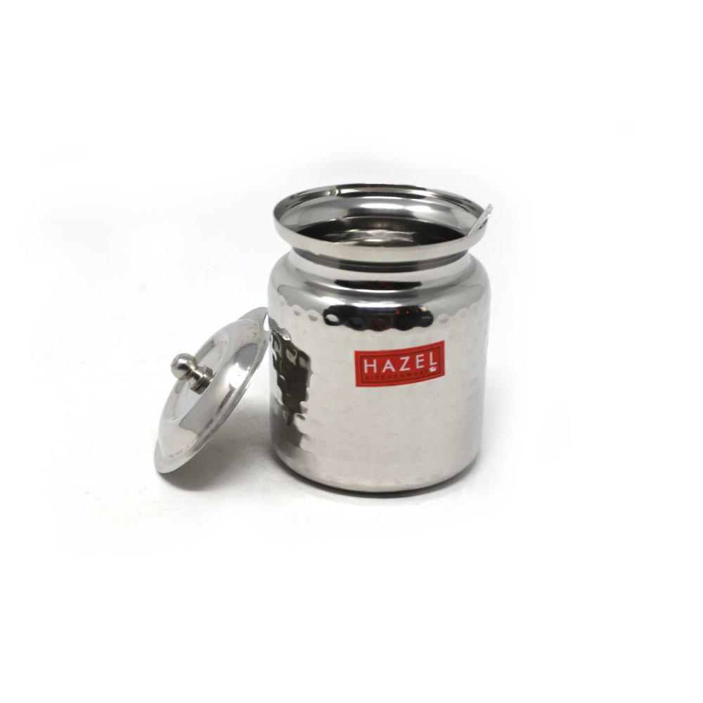 HAZEL Stainless Steel Hammered Oil Dispenser with Lid | Oil Ghee Dani with Spoon, 600 ml