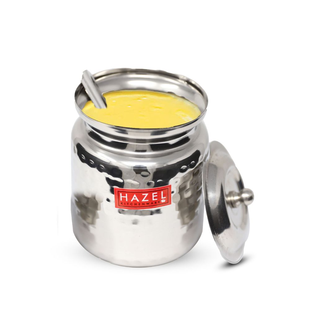 HAZEL Stainless Steel Hammered Oil Dispenser with Lid | Oil Ghee Dani with Spoon, 600 ml