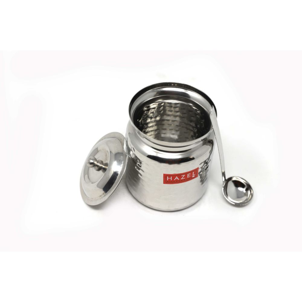 HAZEL Stainless Steel Hammered Oil Dispenser with Lid | Oil Ghee Dani with Spoon, 600 ml