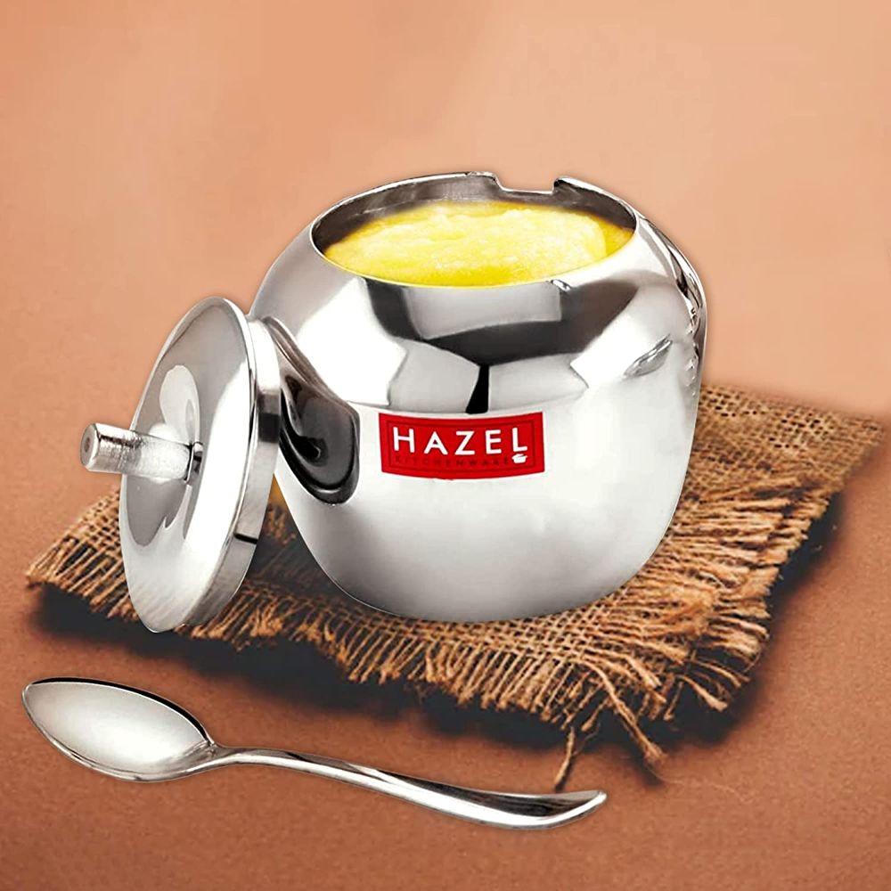 HAZEL Stainless Steel Oil Container with Lid | Oil Ghee Dani with Spoon