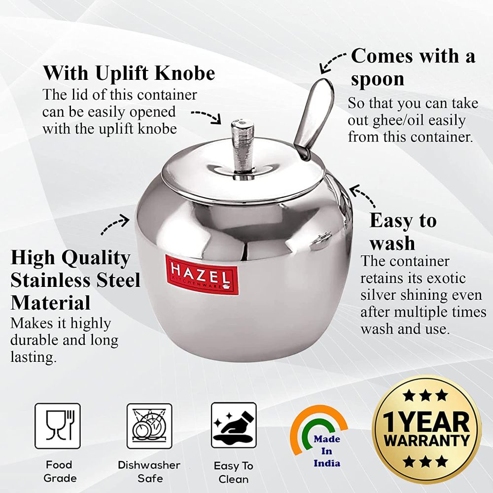 HAZEL Stainless Steel Oil Container with Lid | Oil Ghee Dani with Spoon