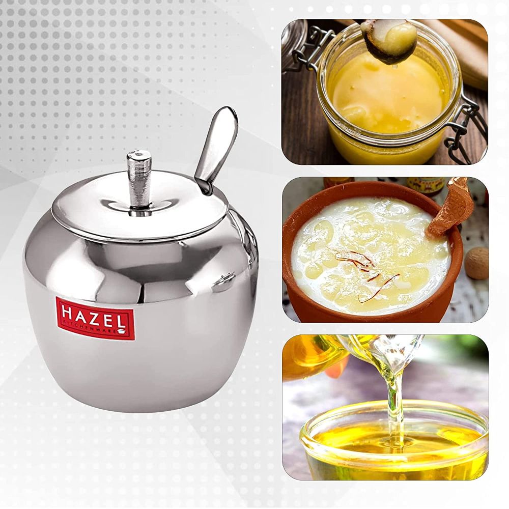 HAZEL Stainless Steel Oil Container with Lid | Oil Ghee Dani with Spoon