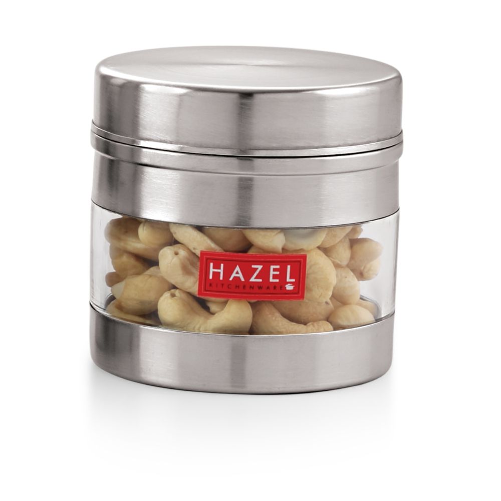 HAZEL Stainless Steel Transparent See Through Container, Silver, 1 PC, 350 Ml