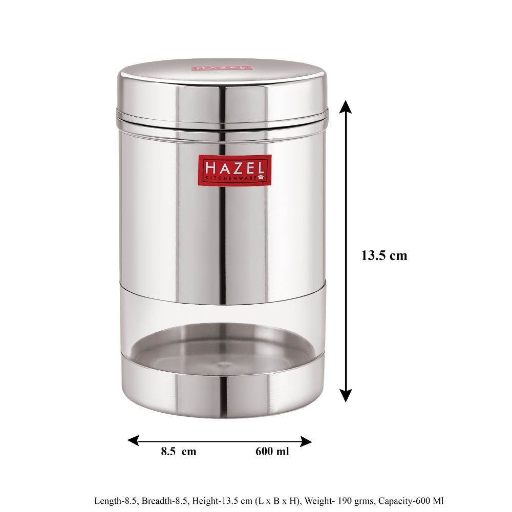 HAZEL Stainless Steel Transparent Wide Mouth See Through Container, Silver, 1 PC, 600 Ml