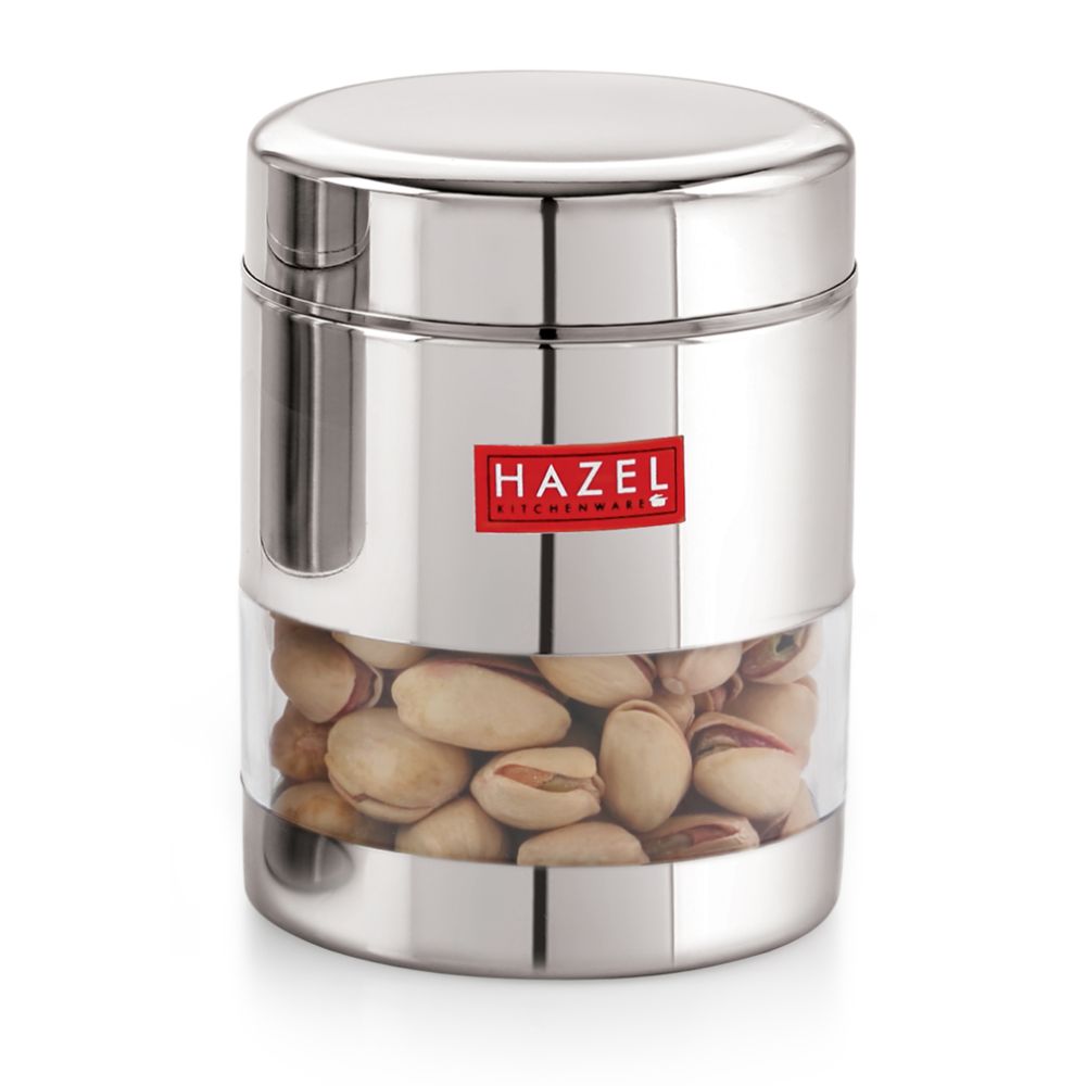 HAZEL Stainless Steel Transparent Glossy See Through Container, Silver, 1Pc, 400 ML