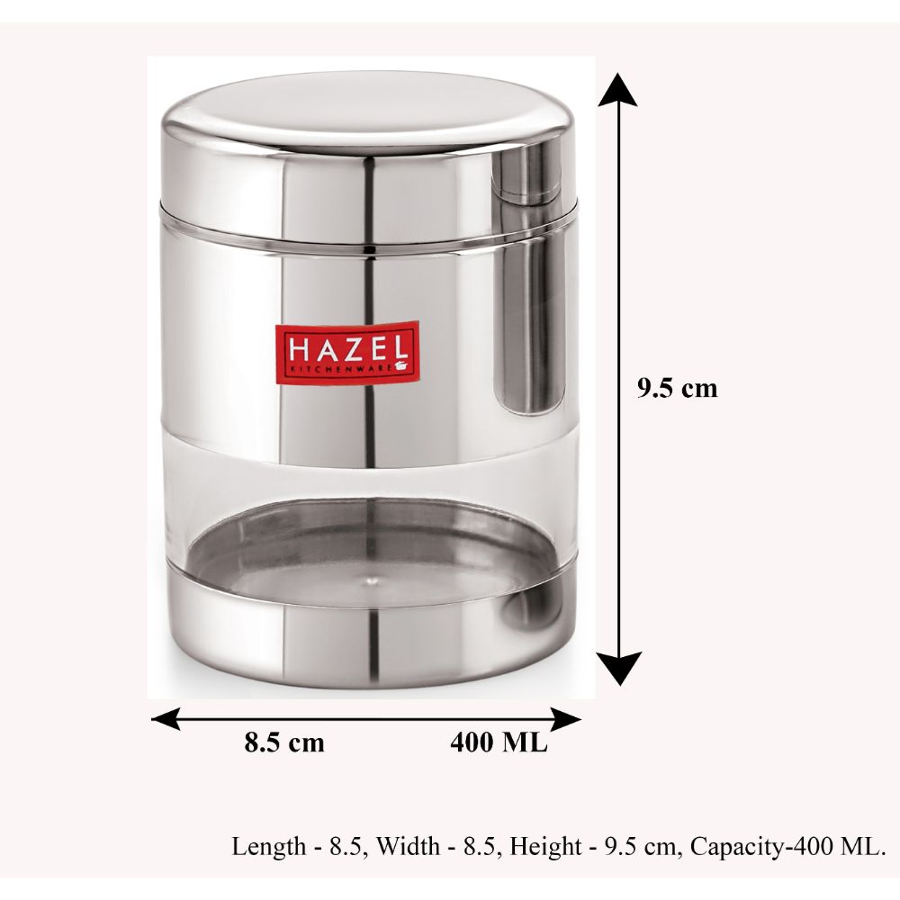 HAZEL Stainless Steel Transparent Glossy See Through Container, Silver, 1Pc, 400 ML