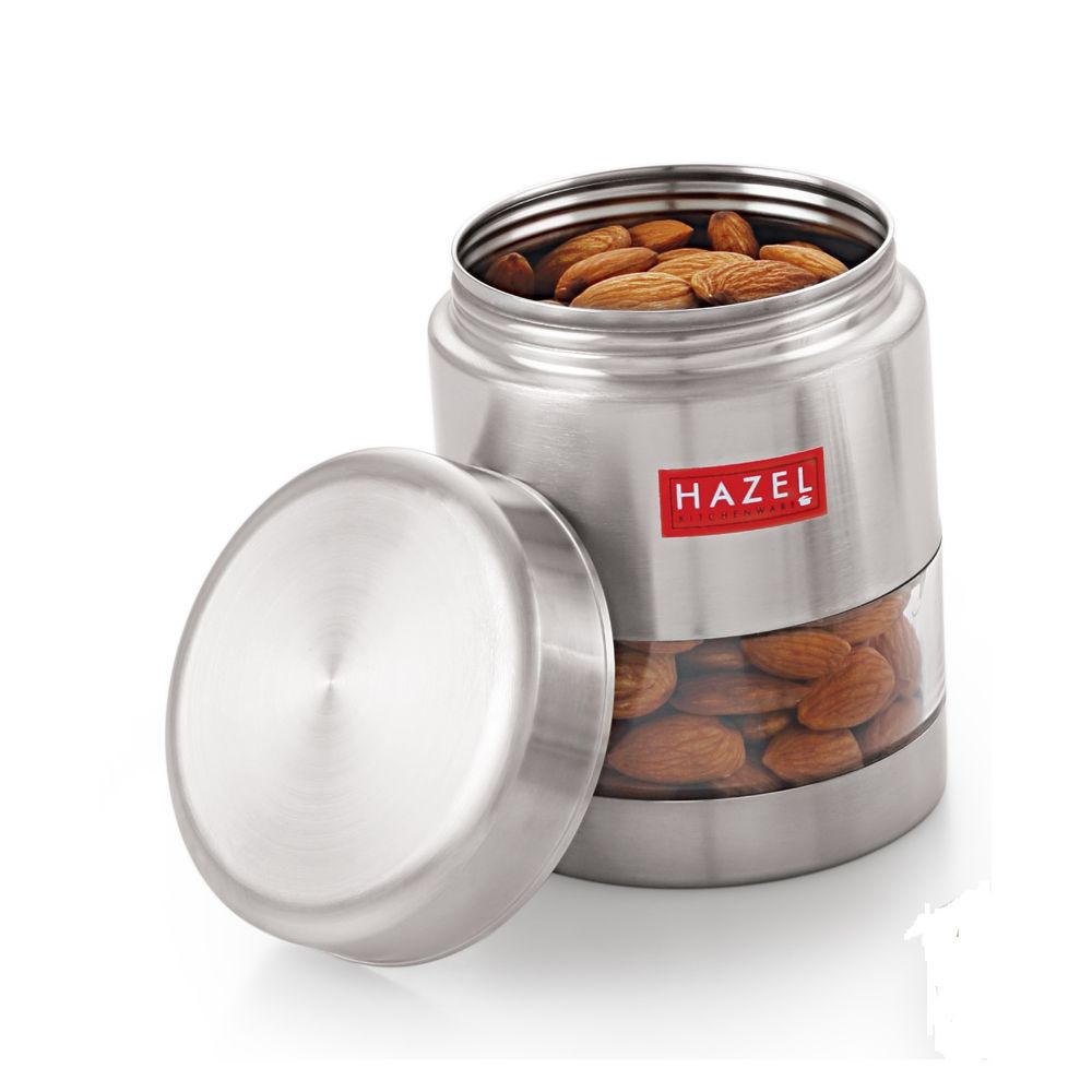 HAZEL Stainless Steel Transparent Matt Finish See Through Container, Silver,1 Pc, 400 ML