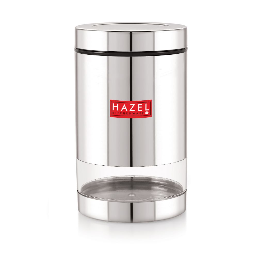 HAZEL Stainless Steel Container For Kitchen Storage Transparent See Through Glossy Finish Storage Jar Dabba, Set of 1, 1000 ML, Silver