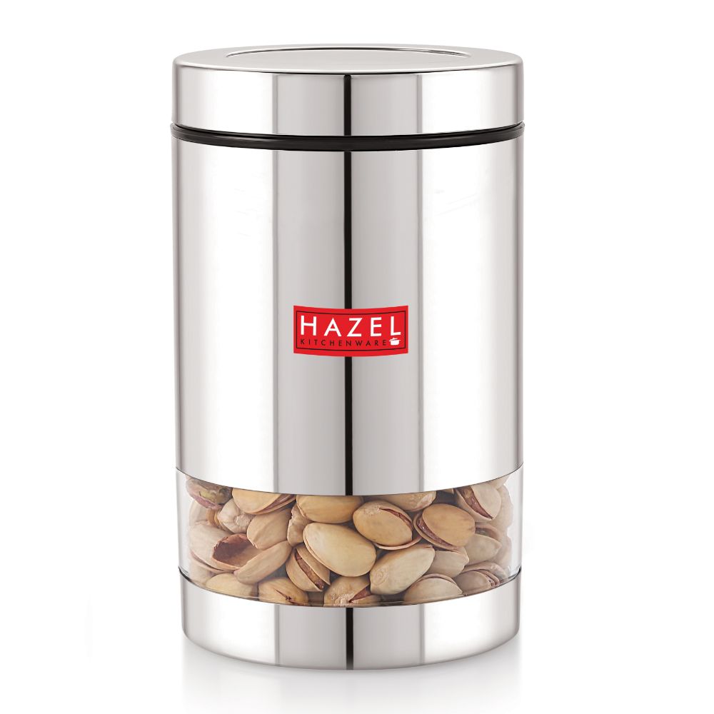 HAZEL Stainless Steel Container For Kitchen Storage Transparent See Through Glossy Finish Storage Jar Dabba, Set of 1, 1000 ML, Silver