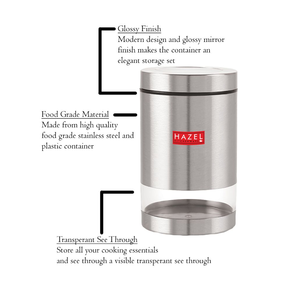 HAZEL Stainless Steel Container For Kitchen Storage Transparent See Through Matt Finish Storage Jar Dabba, Set of 1, 1000 ML, Silver