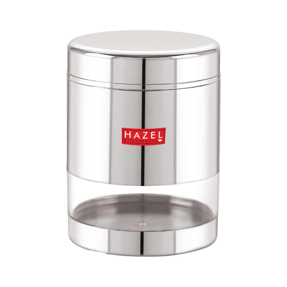 HAZEL Stainless Steel Container For Kitchen Storage Transparent See Through Glossy Finish Storage Jar Dabba, Set of 1, 600 ML, Silver