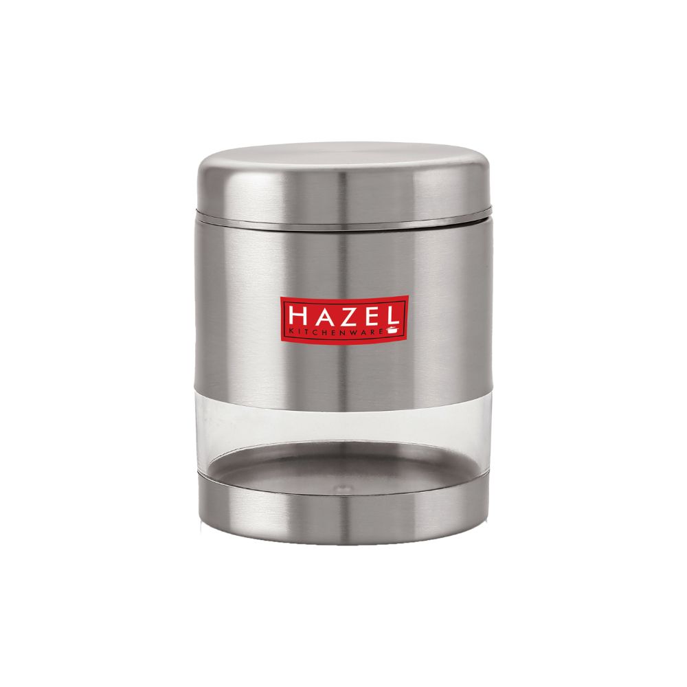 HAZEL Stainless Steel Container For Kitchen Storage Transparent See Through Matt Finish Storage Jar Dabba, Set of 1, 600 ML, Silver