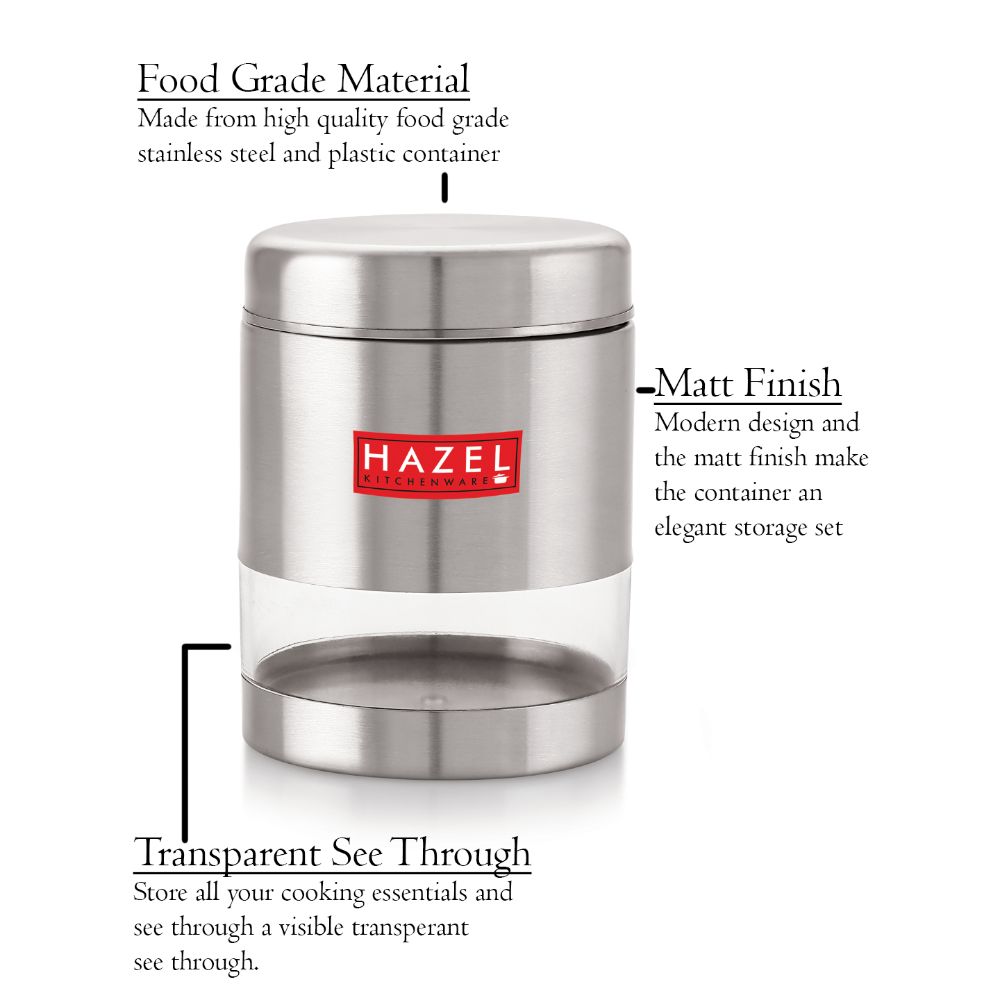 HAZEL Stainless Steel Container For Kitchen Storage Transparent See Through Matt Finish Storage Jar Dabba, Set of 1, 600 ML, Silver