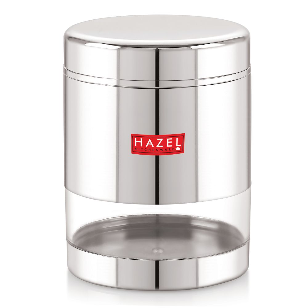 HAZEL Stainless Steel Container For Kitchen Storage Transparent See Through Glossy Finish Storage Jar Dabba, Set of 1, 800 ML, Silver