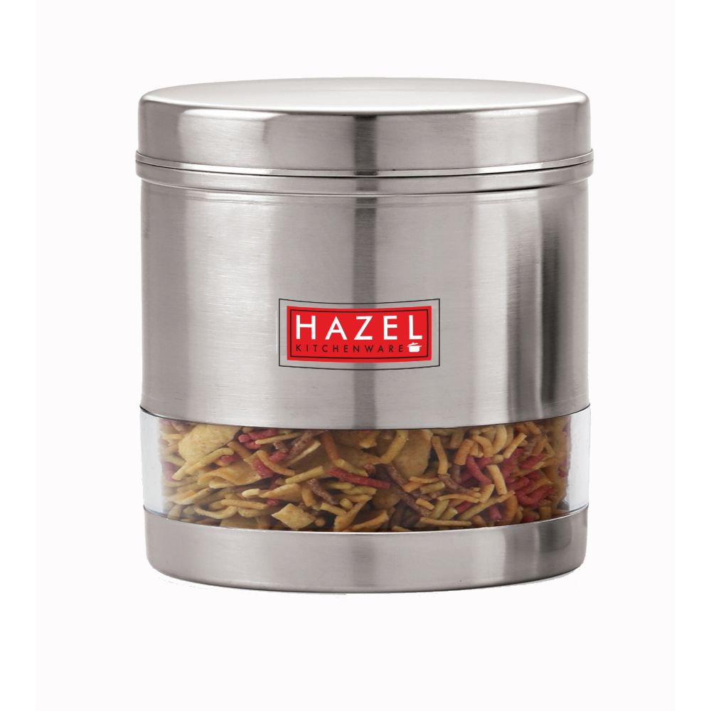 HAZEL Stainless Steel Transparent Wide Mouth See Through Container, Silver, 1 PC, 1100 Ml