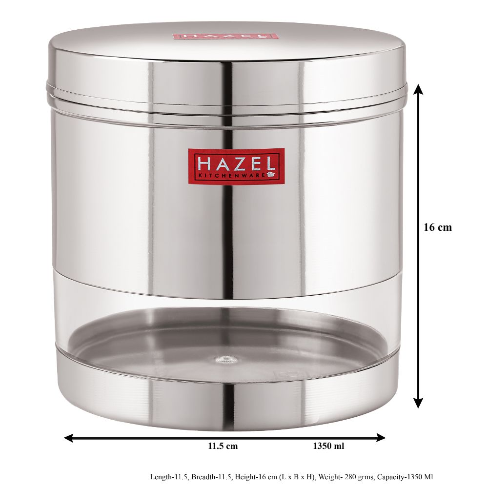 HAZEL Stainless Steel Transparent Wide Mouth See Through Container, Silver, 1 PC, 1350 Ml