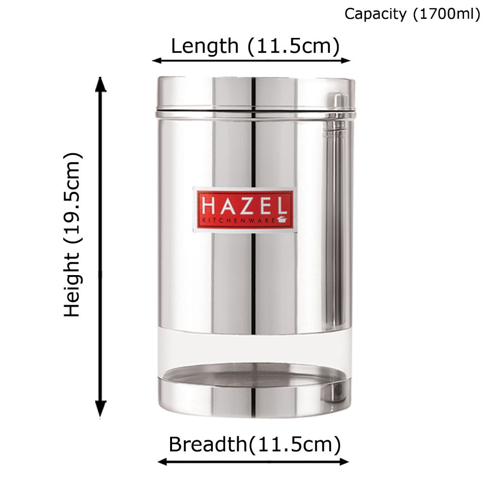 HAZEL Stainless Steel Transparent Glossy Finish See Through Container, Silver, 1 PC, 1700 Ml