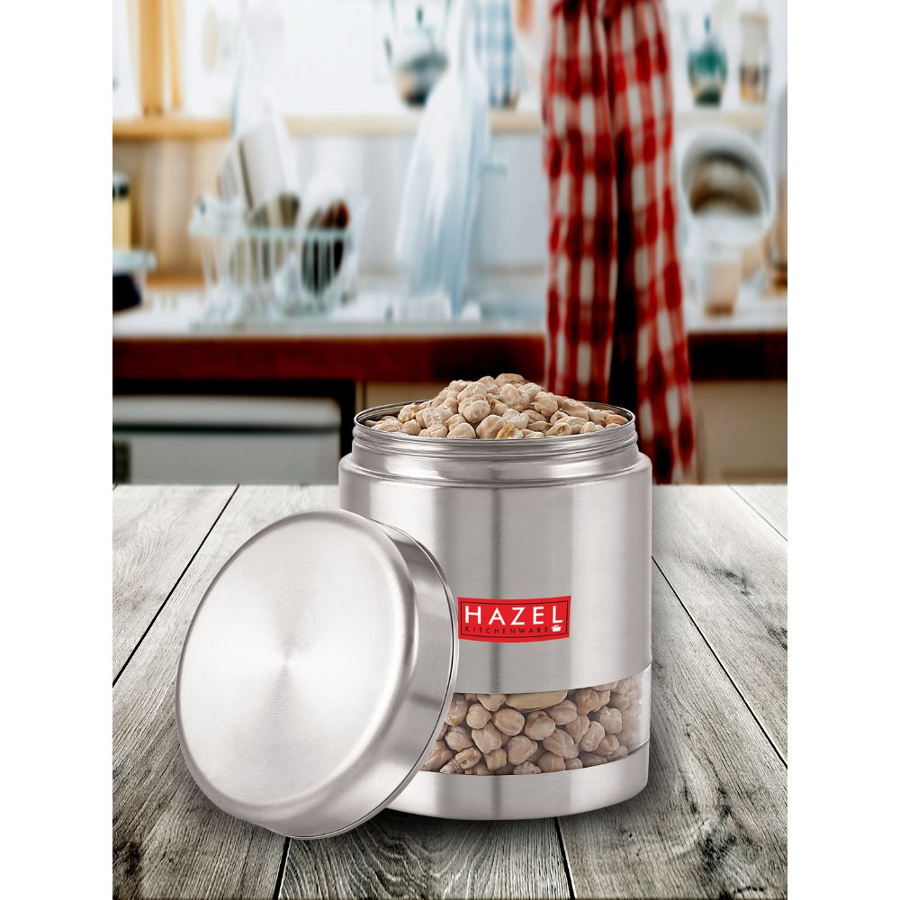 HAZEL Stainless Steel Container For Kitchen Storage Transparent See Through Matt Finish Storage Jar Dabba, Set of 1, 1200 ML, Silver