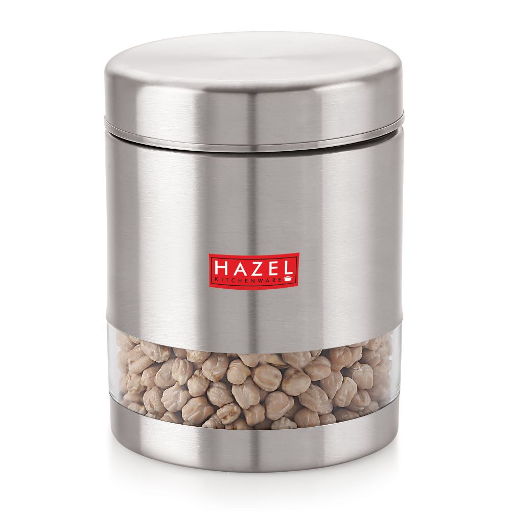 HAZEL Stainless Steel Container For Kitchen Storage Transparent See Through Matt Finish Storage Jar Dabba, Set of 1, 1200 ML, Silver