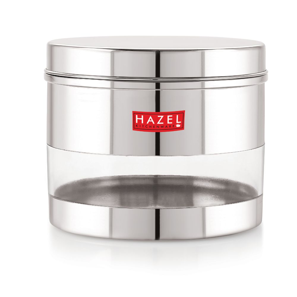 HAZEL Stainless Steel Container For Kitchen Storage Transparent See Through Glossy Finish Storage Jar Dabba, Set of 1, 1100 ML, Silver