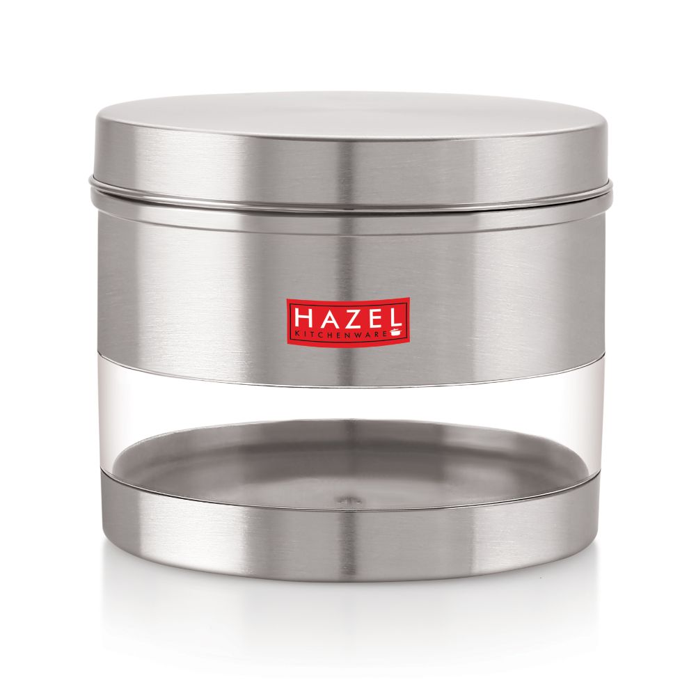 HAZEL Stainless Steel Container For Kitchen Storage Transparent See Through Matt Finish Storage Jar Dabba, Set of 1, 1100 ML, Silver