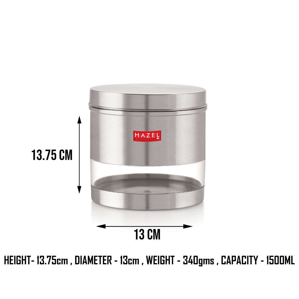 HAZEL Stainless Steel Container For Kitchen Storage Transparent See Through Matt Finish Storage Jar Dabba, Set of 1, 1500 ML, Silver