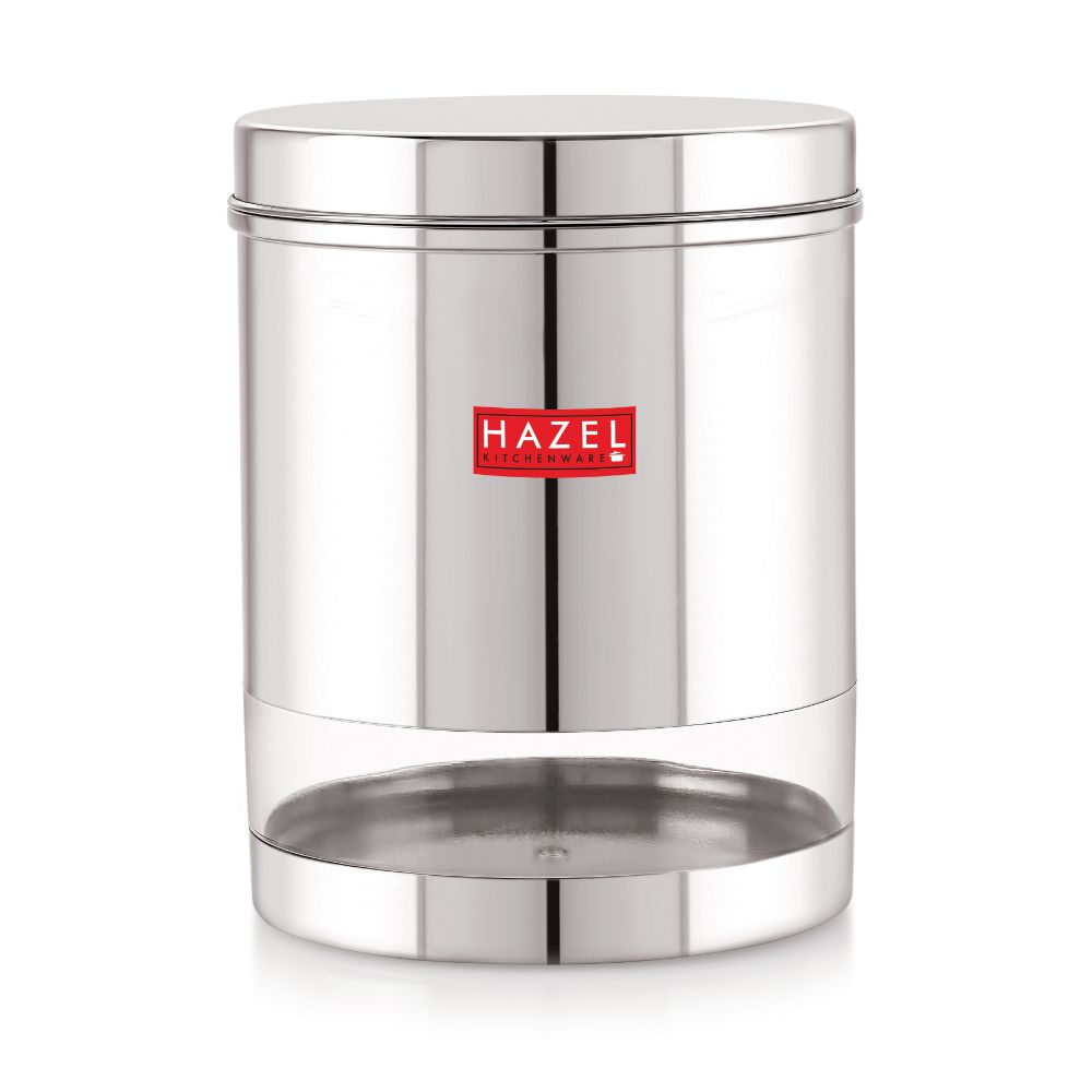 HAZEL Stainless Steel Container For Kitchen Storage Transparent See Through Glossy Finish Storage Jar Dabba, Set of 1, 1900 ML, Silver