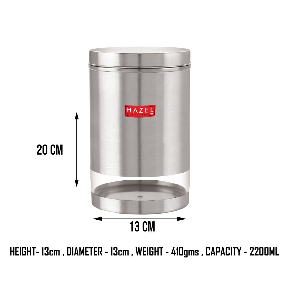 HAZEL Stainless Steel Container For Kitchen Storage Transparent See Through Matt Finish Storage Jar Dabba, Set of 1, 2200 ML, Silver