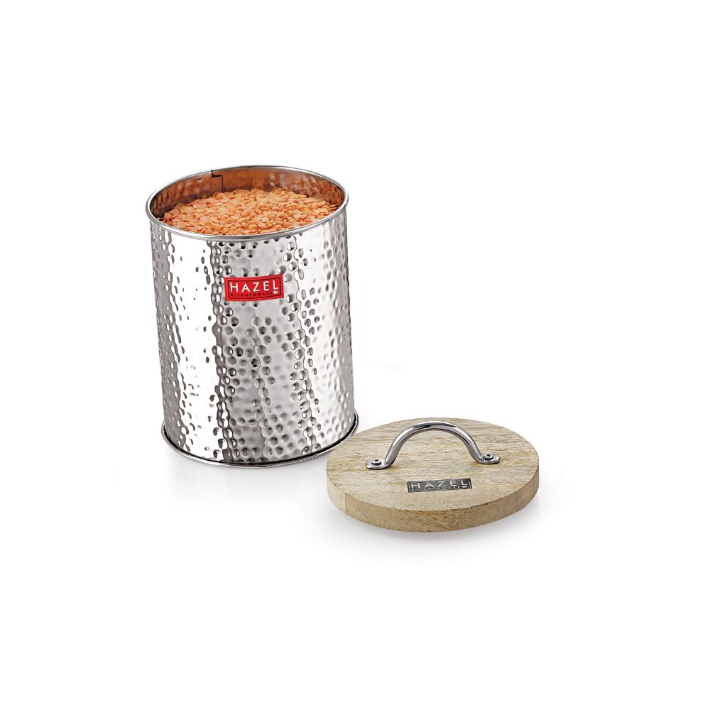 HAZEL Stainless Steel Hammered Finish Storage Jar Container With Wood Lid, 1400 ML, Silver