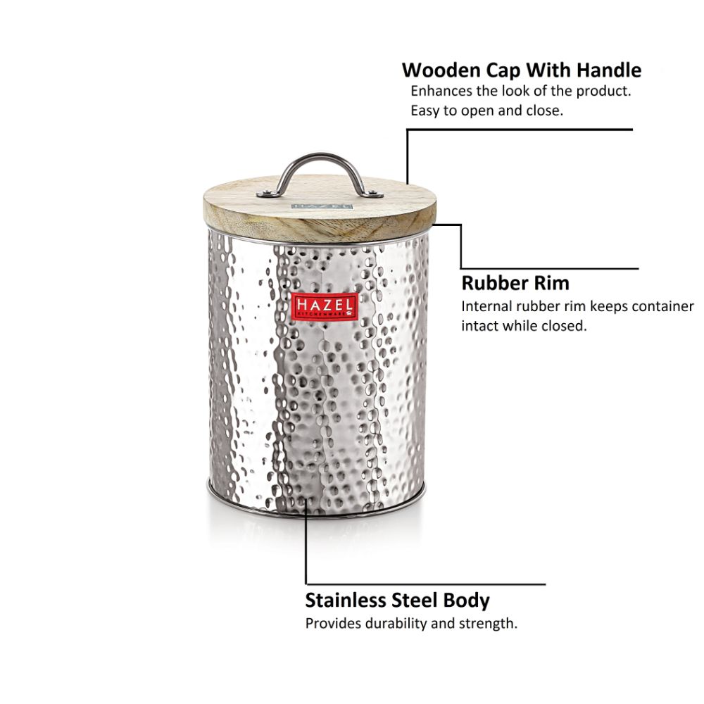 HAZEL Stainless Steel Hammered Finish Storage Jar Container With Wood Lid, 1400 ML, Silver