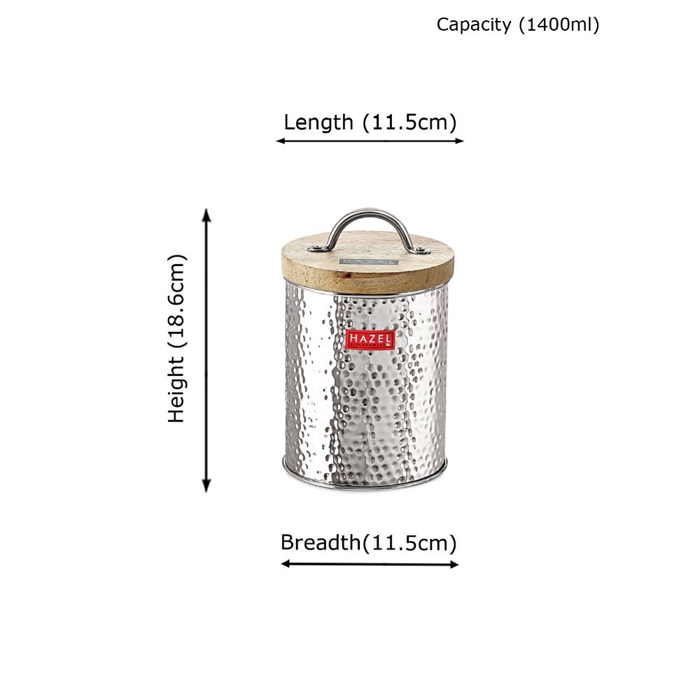 HAZEL Stainless Steel Hammered Finish Storage Jar Container With Wood Lid, 1400 ML, Silver
