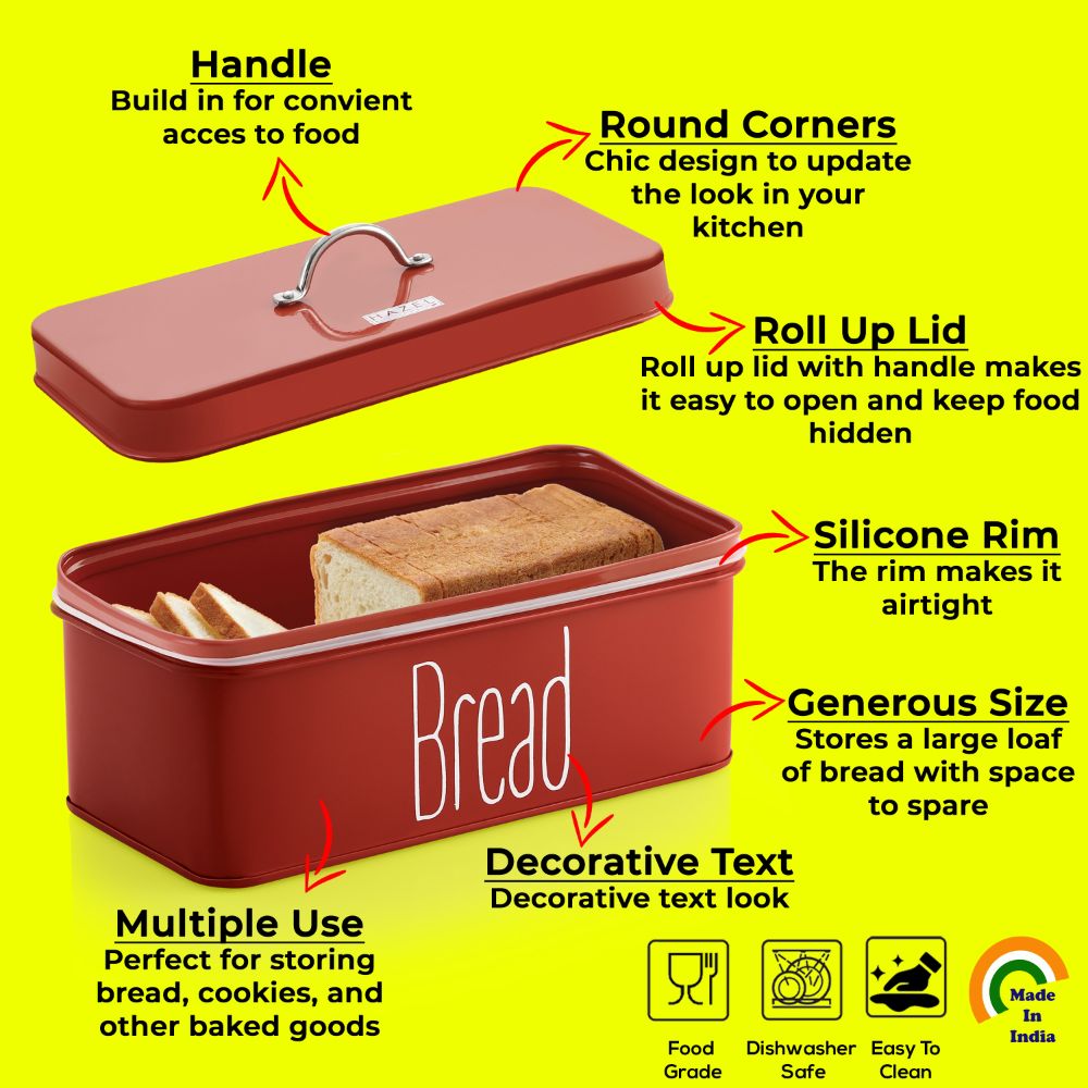 HAZEL Bread Box with Handle | Metal Box of Bread for Kitchen, 4100 ML, Red