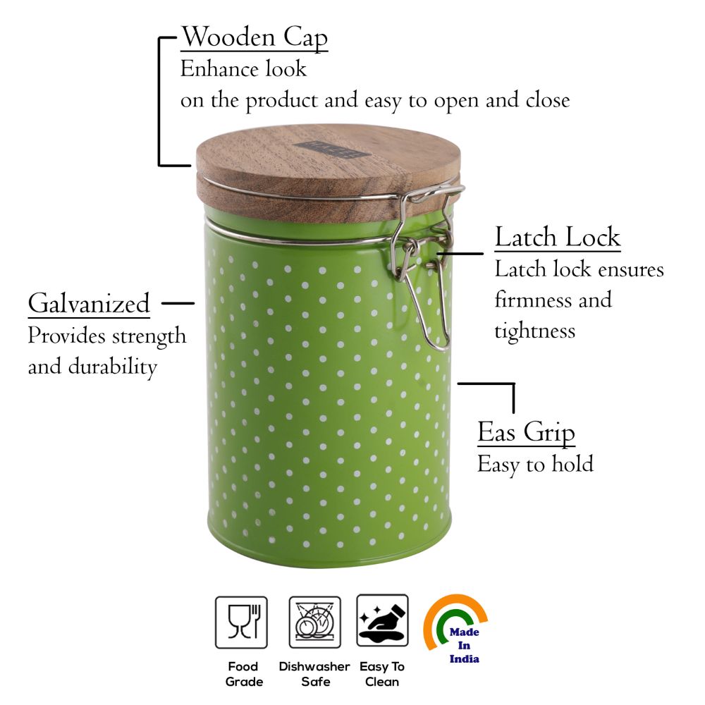 HAZEL Kitchen Container with Clip Lock | Storage Box For Kitchen with Polka Dot Design | Food Grade Kitchen Container with Wooden Lid, 1130 ML, Green