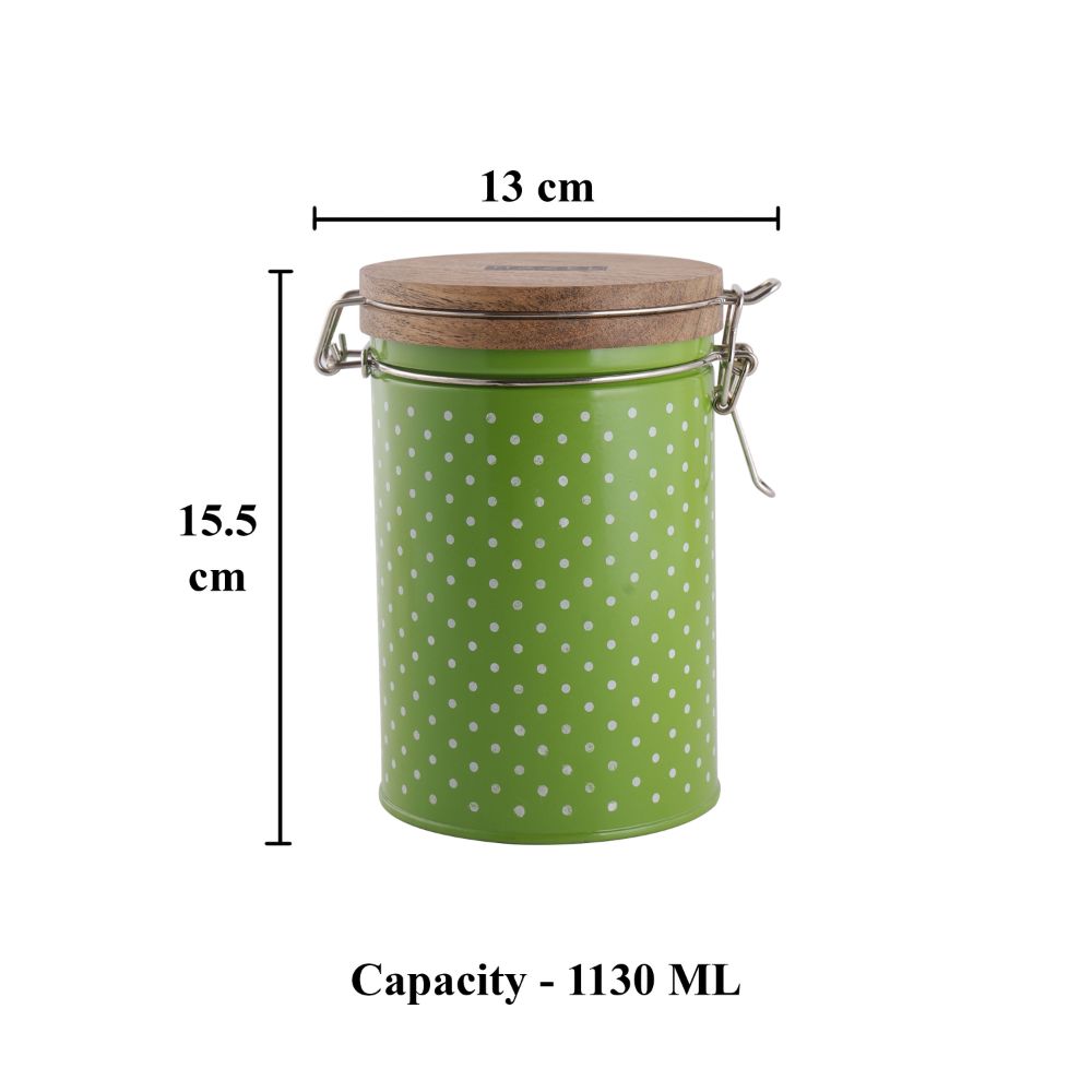 HAZEL Kitchen Container with Clip Lock | Storage Box For Kitchen with Polka Dot Design | Food Grade Kitchen Container with Wooden Lid, 1130 ML, Green