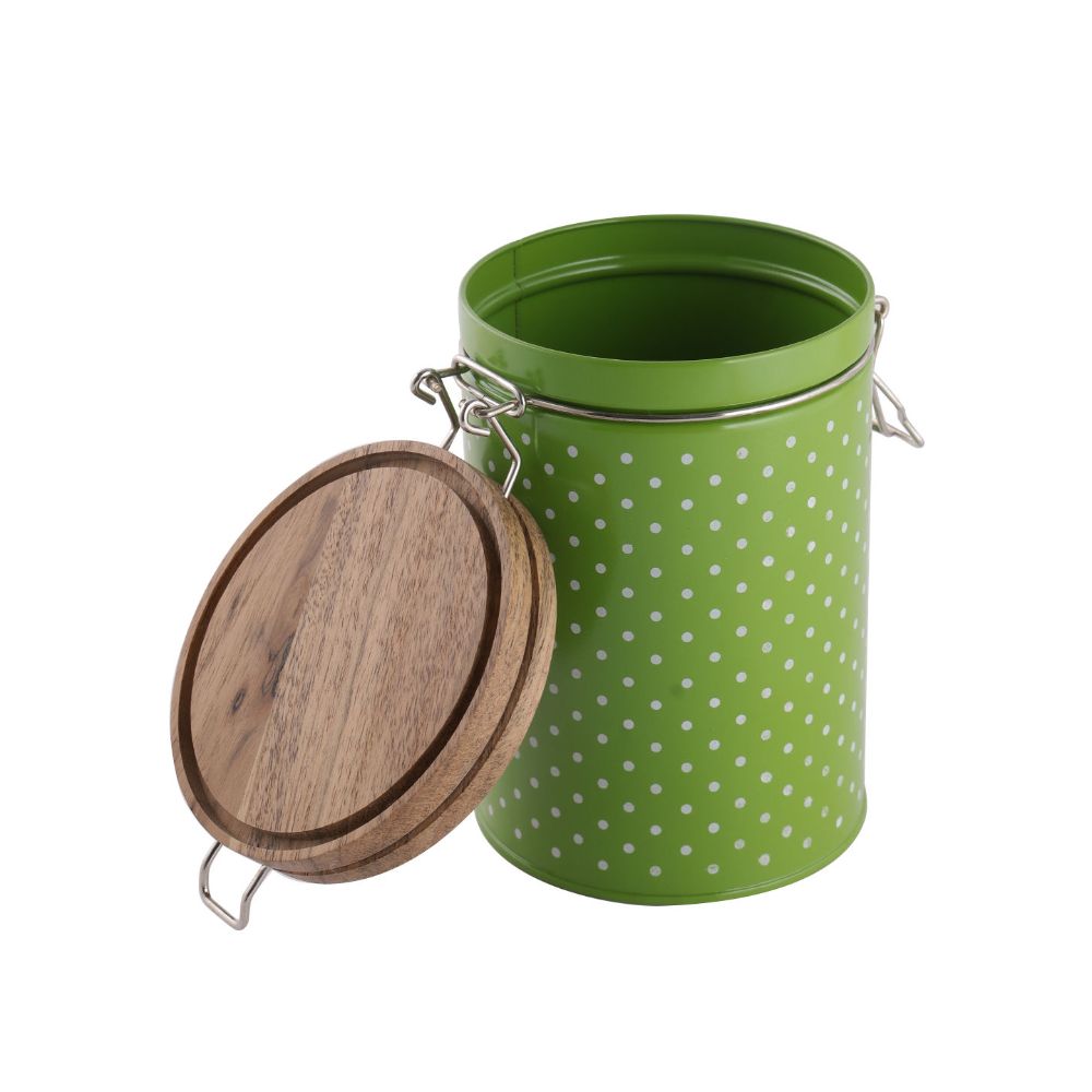 HAZEL Kitchen Container with Clip Lock | Storage Box For Kitchen with Polka Dot Design | Food Grade Kitchen Container with Wooden Lid, 1130 ML, Green