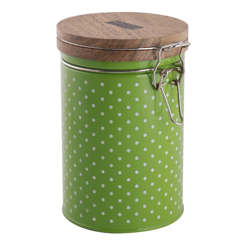 HAZEL Kitchen Container with Clip Lock | Storage Box For Kitchen with Polka Dot Design | Food Grade Kitchen Container with Wooden Lid, 1130 ML, Green