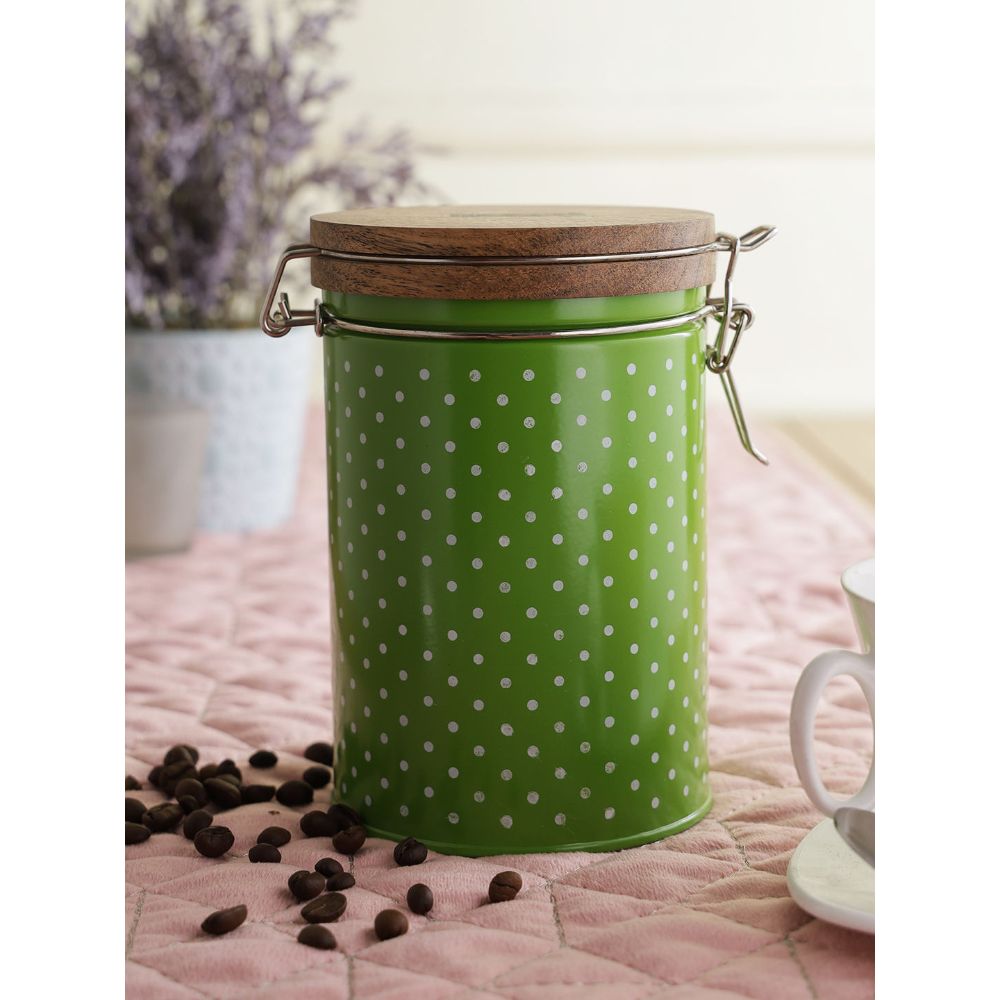 HAZEL Kitchen Container with Clip Lock | Storage Box For Kitchen with Polka Dot Design | Food Grade Kitchen Container with Wooden Lid, 1130 ML, Green